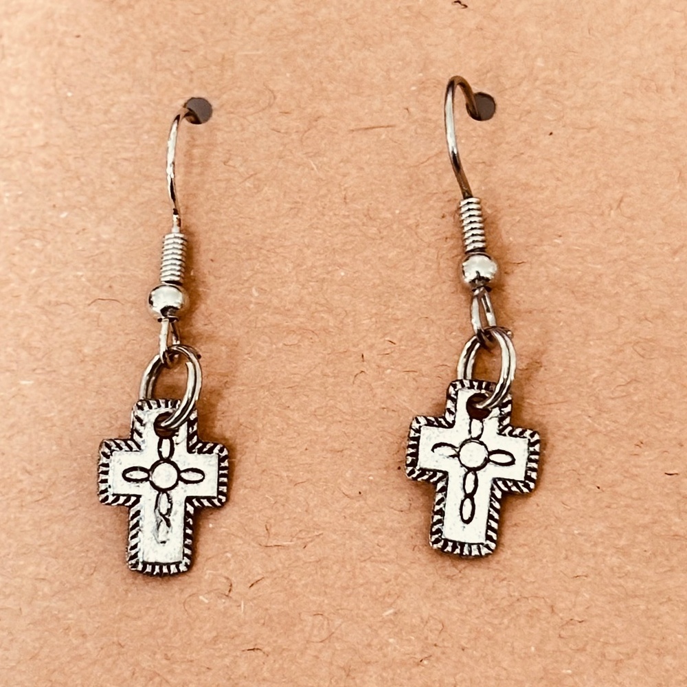 Cross Earrings Stainless Steel & Silver Tone Christian Small Dangle Handcrafted